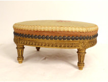 Small Louis XVI footstool carved wood with floral tapestry, 19th century