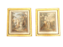 Pair of antique women gouaches Allegory flowers landscape fecit Caroline XIXth
