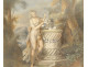Pair of antique women gouaches Allegory flowers landscape fecit Caroline XIXth