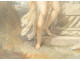 Pair of antique women gouaches Allegory flowers landscape fecit Caroline XIXth