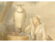 Pair of antique women gouaches Allegory flowers landscape fecit Caroline XIXth