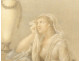 Pair of antique women gouaches Allegory flowers landscape fecit Caroline XIXth