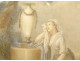 Pair of antique women gouaches Allegory flowers landscape fecit Caroline XIXth