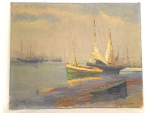 HST marine painting M. Pellerier fishing boats port Brittany Douarnenez 20th century