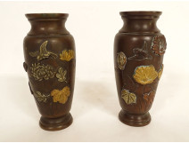 Pair of bronze baluster vases Shibuichi gilded flowers bird Meiji Japan 19th