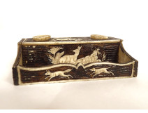 Small miniature inkwell carved bone doe deer dog fox Brussels 19th century