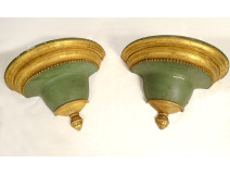 Pair of Louis XVI wall consoles in polychrome gilded wood, 19th century