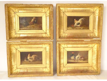 4 HSP paintings hens fighting cocks farmyard henhouse gilded frame 19th century