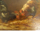 4 HSP paintings hens fighting cocks farmyard henhouse gilded frame 19th century