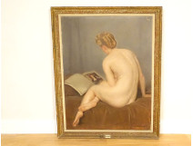 Large HST painting by Léon Galand, nude woman reading, Exhibition Salon 1943