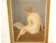 Large HST painting by Léon Galand, nude woman reading, Exhibition Salon 1943