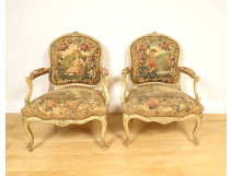 Pair of Louis XV armchairs in wood with Aubusson tapestry, Fable Fontaine
