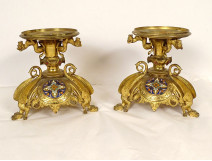 Pair of neo-gothic candlesticks, gilded bronze, enamel, dragons, 19th century