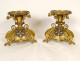 Pair of neo-gothic candlesticks, gilded bronze, enamel, dragons, 19th century