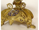 Pair of neo-gothic candlesticks, gilded bronze, enamel, dragons, 19th century
