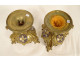 Pair of neo-gothic candlesticks, gilded bronze, enamel, dragons, 19th century