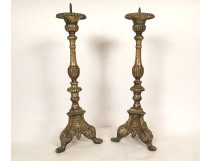 Pair of church candlesticks, silver-plated bronze, shells, 19th century
