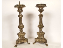 Pair of church candlesticks, silver-plated brass, grapes, wheat ears, 19th century