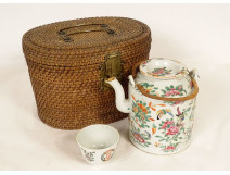 Chinese porcelain tea set teapot bowl wicker basket butterflies 19th century