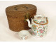 Chinese porcelain tea set teapot bowl wicker basket butterflies 19th century
