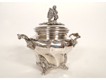 Louis XV sugar bowl in solid silver, Minerva Emile Hugo, cherub, rocaille, 19th century