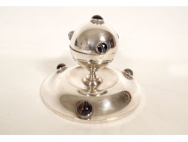 Silver-plated inkwell with tiger&#39;s eye agate cabochons, Art Deco, 20th century