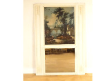 Louis XVI trumeau mirror, lacquered wood, HST shepherd landscape, bridge, 18th century
