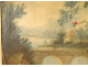 Louis XVI trumeau mirror, lacquered wood, HST shepherd landscape, bridge, 18th century