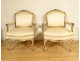 Pair of Louis XV armchairs in gilded lacquered wood with acanthus flowers, 19th century