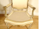 Pair of Louis XV armchairs in gilded lacquered wood with acanthus flowers, 19th century