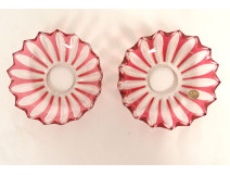 Pair of red Baccarat crystal bobeches, chandelier candle holders, 19th century label