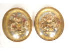 Paire cadres ovale médaillons vases mariés dorés fleurs tissu Empire XIXème
