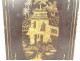 Small Japanese cabinet in lacquered wood with gilding, landscapes, pagoda, characters, 19th century