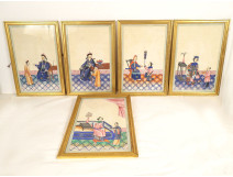 5 Chinese paintings on rice paper, Mandarin women servants, Canton, 19th century