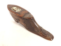 Snuffbox shoe carved wood marquetry brass nails Folk Art 19th