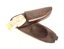 Snuffbox shoe carved wood marquetry brass nails Folk Art 19th