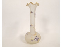 Legras Montjoye frosted enamelled glass soliflore vase with violets, Art Nouveau, 19th century