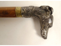 Antique cane with silver-plated metal handle and greyhound dog head, wooden shaft, 19th century