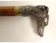Antique cane with silver-plated metal handle and greyhound dog head, wooden shaft, 19th century