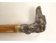 Antique cane with silver-plated metal handle and greyhound dog head, wooden shaft, 19th century