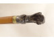 Antique cane with silver-plated metal handle and greyhound dog head, wooden shaft, 19th century