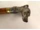 Antique cane with silver-plated metal handle and greyhound dog head, wooden shaft, 19th century