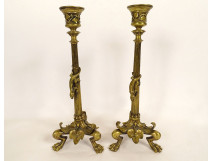 Pair of gilt bronze candlesticks with salamander lizards, Barbedienne style, Napoleon III period, 19th century