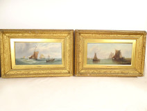 Pair of oil paintings on canvas, marine art by William Calcott Knell, fishing boats, landscape, 19th century