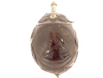 Powder flask, coconut shell, Napoleon profile, war attributes, helmet, 19th century