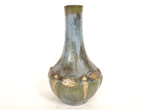 Polychrome stoneware vase by Denbac, decorated with dragonflies, Innoxa Art Nouveau, early 20th century
