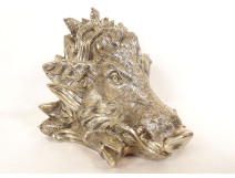 Sculpture of a boar&#39;s head, hunting trophy, silvered bronze, early 20th century