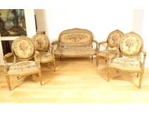 Louis XVI drawing room, armchairs, sofa, gilded wood, Aubusson tapestry, Napoleon III, 19th century