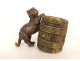 Small bronze match holder/pitonner in the shape of a cat in a barrel, signed 19th century