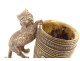 Small bronze match holder/pitonner in the shape of a cat in a barrel, signed 19th century